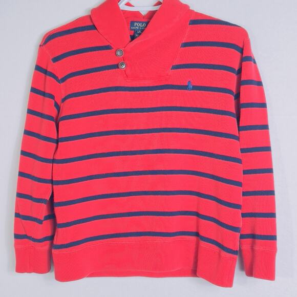 Polo Ralph Lauren Red Navy Stripe Shawl Collar Sweater Boys M 10-12 100% Cotton - Picture 1 of 11